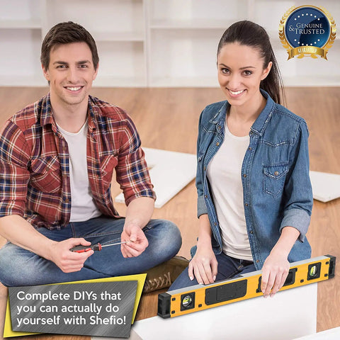 Two people using 24 Inch Digital Level With Slope Readings For Degrees And Percent Electronic Level Tool With Pro Grade Precision.