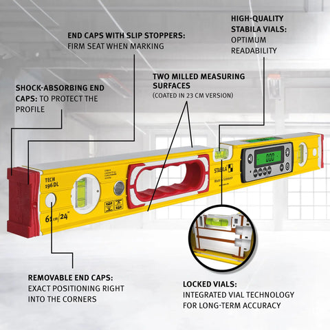 Kickass Heavy Duty Yellow Digital Spirit Level With Blazing Illuminated Readouts And Snappy Acoustic Guidance For Quick Precision Squaring, showing features like end caps and vials.