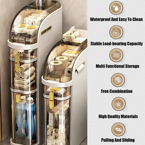Slick Rolling Storage Cart Featuring Smooth Slide Out Acrylic Compartments And A Removable Ventilated Lid For Keeping Your Space Fresh And Totally Sorted, shown storing towels and bottles.