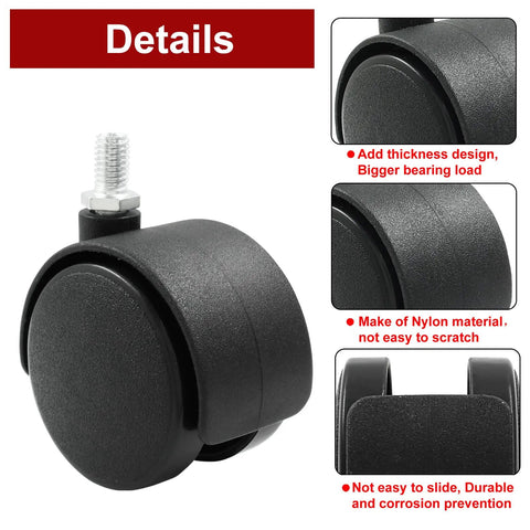 4 Pack 2 Inch Caster Wheels With M8 Threaded Stem For Cabinets And Shelves Black Nylon Furniture Casters With Smooth Glide And Quiet Roll Heavy Duty 15kg Load Capacity Per Wheel, close-up showing nylon material and M8 stem.
