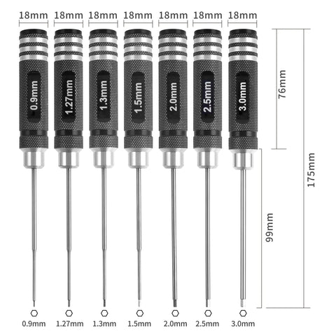 Pro Grade 7 Piece Precision RC Hex Screwdriver Set with 0.9mm to 3.0mm micro Allen wrenches for RC cars and drones, high-speed steel tips.