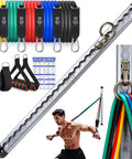 Wall Hook Resistance Band Mount System For Home Gyms Rock Solid Anchoring Hardware, colorful bands and user demonstrating workout.