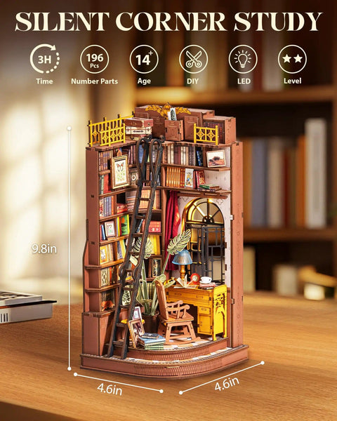 Front view of Dark Academia Book Nook Kit With LED Light 3 Hour Easy Build 3D Wooden Puzzle featuring a miniature study area.