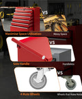 Heavy Duty Red Rolling Tool Chest On Wheels Locking Four Drawer Setup Full Extension Ball Bearing Drawers Cold Rolled Steel, featuring side handle and mute wheels.