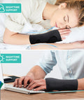 Copper Infused Adjustable Wrist Support Splint For Carpal Tunnel Relief Fits Both Hands, shown in use during sleep and work.