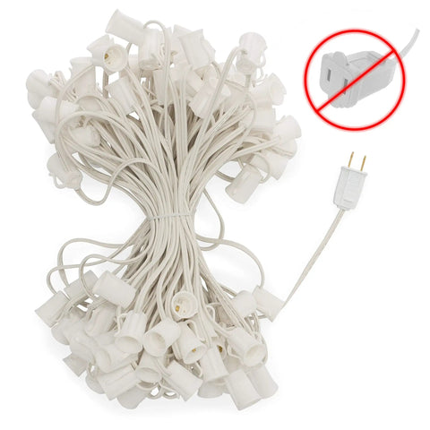 Coiled C9 Light Strings For Outdoor Holiday Decor, 100 Foot White Cord With 12 Inch Socket Spacing, E17 Stringer Base