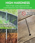 Comparison of high hardness galvanized landscape stake vs bent stake. 8 Inch Heavy Duty Galvanized Landscape Stakes Kit With Gasket Caps.