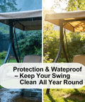 Heavy Duty Outdoor Swing Canopy Replacement Cover For 3 Seater Porch Swing All Weather Waterproof Khaki Top Shade Universal Fit Fabric Canopy For Patio Garden Backyard And Furniture Awning Size 198x125cm showing rainproof and sunny day conditions on porch swing.