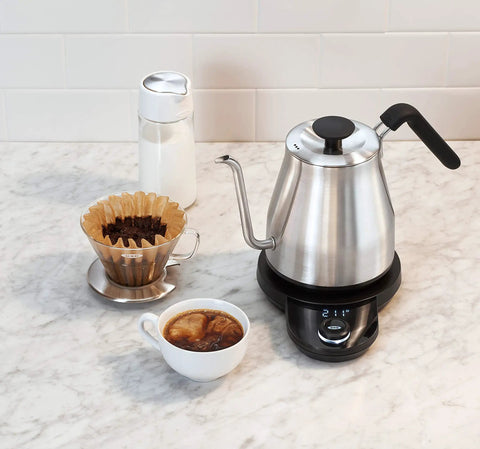 Gooseneck Electric Kettle For Pour Over Coffee And Tea With Dialed In Temperature In One Degree Increments From 104 To 212 Fahrenheit And 40 To 100 Celsius Built In Brew Timer Stainless Steel 1 Liter on kitchen counter