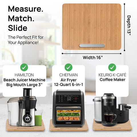 Buttery Smooth Appliance Slider and Sliding Counter Tray for Coffee Maker 16X13 Inches Natural Wood Kitchen Counter Organizer showing multiple appliances.