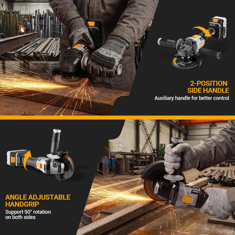 Badass 4 5 Inch Cordless Angle Grinder With 20V Brushless Motor And Dual Batteries Plus Charger in action cutting metal.