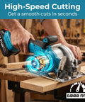 5 Inch Cordless Circular Saw Kit With Brushless Motor 6000 RPM being used on wood for high-speed cutting, showing smooth operation.
