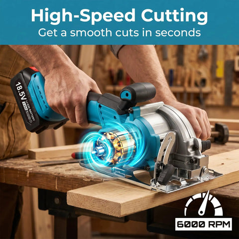 5 Inch Cordless Circular Saw Kit With Brushless Motor 6000 RPM being used on wood for high-speed cutting, showing smooth operation.