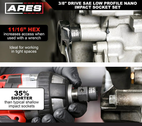 Pinless Universal Swivel Impact Socket Set, 10-Piece Metric, 3/8 Inch Drive used on engine, showing compact design and easy access.