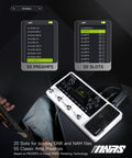 GE150 Pro Guitar Multi Effects Processor with screen display showing 55 preamps, 20 slots, and MNRS technology in use.