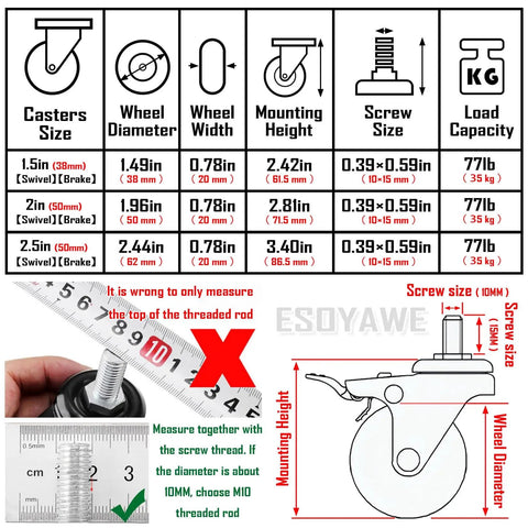 Zero Fuss Polyurethane Swivel Caster Wheels Set Of 4 With Dual Locking Brakes And M10 Threaded Stem size chart for specifications.