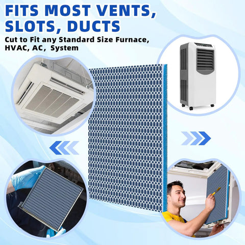 Heavy Duty Washable Air Filters 2 Pack 30X20 Inch Cut To Fit Replacement For Hvac Furnace Vent Systems Glue Free Eight Layer Cotton Medium Filtration No Sweat Cleaning Game Changer For Home Comfort shows a filter fitting into various ducts.
