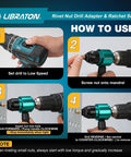 Step-by-step guide for using Rivet Nut Drill Adapter And Ratchet Wrench Kit with quick change mandrels and nuts.