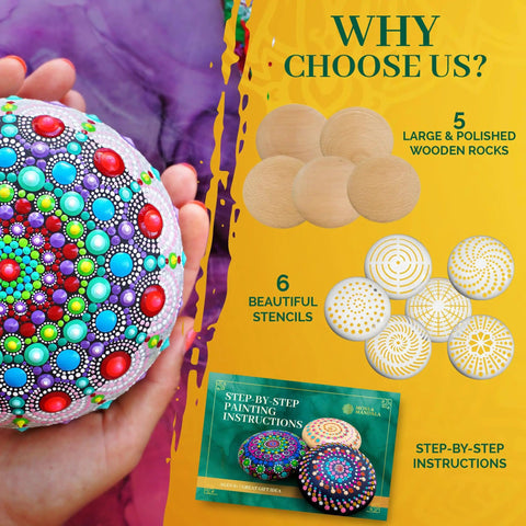 Rock Painting Kit With Dotting Tools And Stencils And Acrylic Paints For Easy At Home Relaxing DIY Arts And Crafts Includes 5 Wooden Rocks 6 Mandala Stencils 12 Vibrant Colors And All The Dotting Tools For Adults And Women displayed with colorful mandala painted rock and stencils