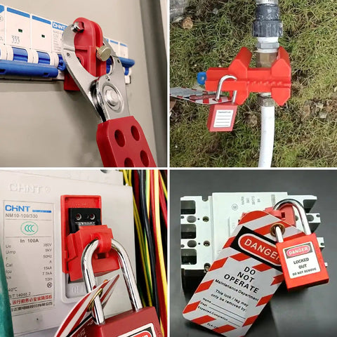 Lockout Tagout Kit For Electrical Panels And Circuit Breakers With Clamp On Lockout, Group Lockout Hasps, Tag shown in use
