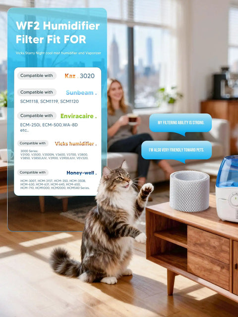 Cat near humidifier and filter with 4 Pack Humidifier Filter Replacement Compatible With Vicks V3100 V3500 V3600 V3900 V3700 VEV320