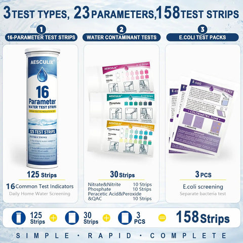 No Fuss 23 Parameter Water Test Kit With 158 Strips Checks Tap And Well Water for lead, chlorine, and E. coli testing.