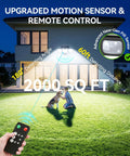 Fly Hella Bright Solar Flood Lights With Rapid Trigger Motion Sensor And Pocket Remote 3500 Lumen Cob Led illuminating yard with remote.