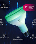 Crazy Bright Supercolor BR30 Smart Flood Bulb glowing green, showcasing features like easy setup, weatherproof, and natural lighting.
