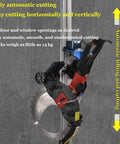 Heavy Duty Job Site Ready Automatic Wall Cut Off Saw With Plug And Play Remote Track For Dead Solid Concrete Brick Tile Grooving 150W Orbital Rotary Chaser mounted for vertical and horizontal cutting on a wall.