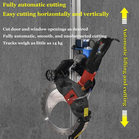 Heavy Duty Job Site Ready Automatic Wall Cut Off Saw With Plug And Play Remote Track For Dead Solid Concrete Brick Tile Grooving 150W Orbital Rotary Chaser mounted for vertical and horizontal cutting on a wall.