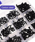 Close-up of 450 Piece Self Tapping Screws Kit For Electronics DIY And Small Devices with carbon steel black screws in a box