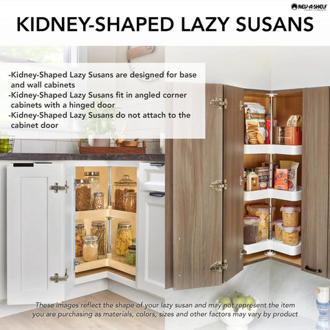 Smooth Operator 32 Inch Kidney Shaped Double Lazy Susan For Corner Base Cabinets, Solid Maple, organized pantry with jars and snacks.