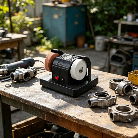 Badass Compact Table Grinder Featuring Dual Polish Discs for Quick Blade Sharpening on a workshop table with tools.