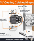 Sixty Pack Soft Close Cabinet Hinges For Half Inch Overlay Kitchen Door Hardware Heavy Duty Stainless Steel showing dimensions and features.