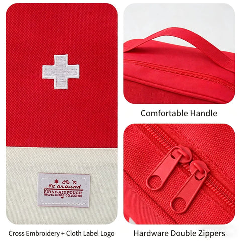 Go To Travel Medicine Bag Organizer for Empty First Aid Kit with red case, cross embroidery, handle, and double zippers