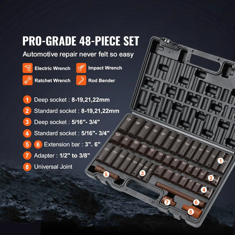 Impact Socket Set 3/8 Inch Drive, 48-Piece Including SAE 5/16 To 3/4 Inch And Metric 8 To 22 Mm, Deep And Shallow 6-Point Sockets