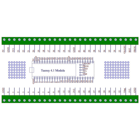 Terminal Block Breakout Board Module For Teensy 4.1 With Screw Mount, detailed top view showing 112 DIY solder pads and connections.