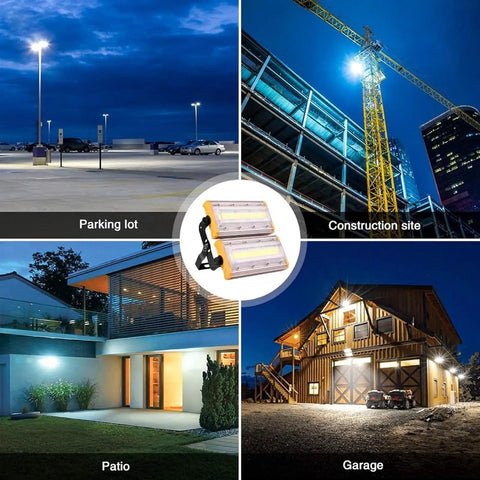 JUDYSSY 100W Led Floodlights Ip65 Waterproof Outdoor Security Lamp displayed in parking lot, construction site, patio, and garage.