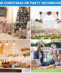 Collage of holiday decorations featuring Christmas living room, beach wedding arch, autumn kitchen decor, and family picnic scene.