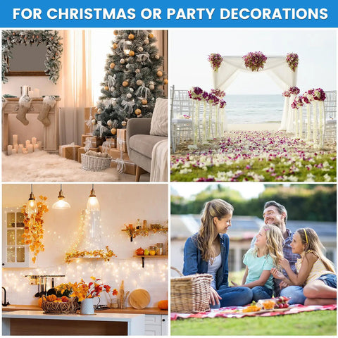 Collage of holiday decorations featuring Christmas living room, beach wedding arch, autumn kitchen decor, and family picnic scene.
