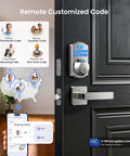 Smart Home Keyless Entry Digital Door Lock With Fingerprint Deadbolt And Handle Set App Remote Hub Free Wifi Security satin nickel finish on front door with keypad.