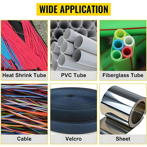 Image showcasing various tubes including Heat Shrink Tube, PVC Tube, Fiberglass Tube, Cable, Velcro, and Sheet for Heavy Duty Heat Shrink Tube Cutter Machine Dead Nuts Precise Cold Cutting Action.