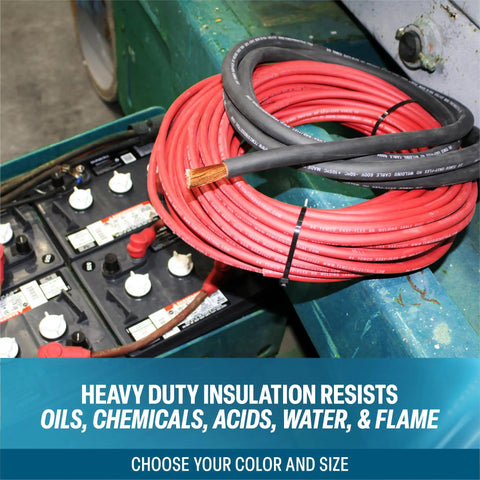 4 Gauge Welding Cable 25ft Black And 25ft Red Workhorse Pure Copper Made In USA coiled on battery terminal