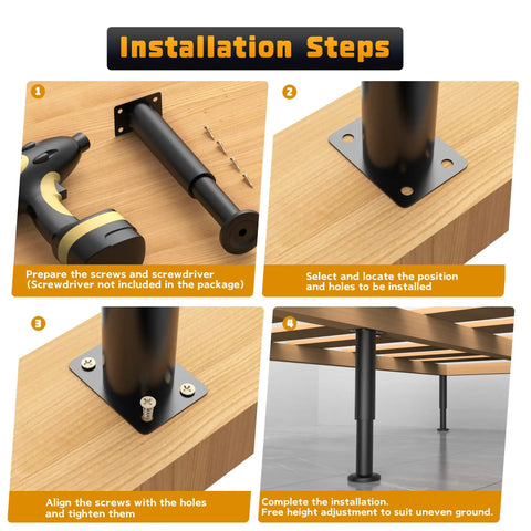 Installation steps for Six Pack Adjustable Height Bed Support Legs 7.08 to 12.2 Inches Heavy Duty Metal Bed Frame Slat Center Legs