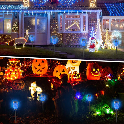 Halloween display with Blue Solar Torch Lights With Flickering Flames, 12 Pack Outdoor LED Tiki Torches For Yard And Garden