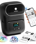Bluetooth Portable Label Printer For Small Biz Fast Thermal Label Maker For Barcodes Addresses Clothing Pricing Mail Jewelry Cables And More Works With Phone And PC, shown with stickers and smartphone app interface.