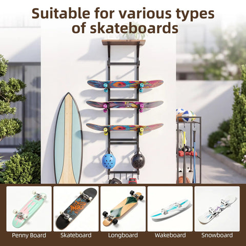 Multi Deck Skateboard Rack Wall Mount Display Hanger with solid wood top shelf holding various skateboards on a wall.
