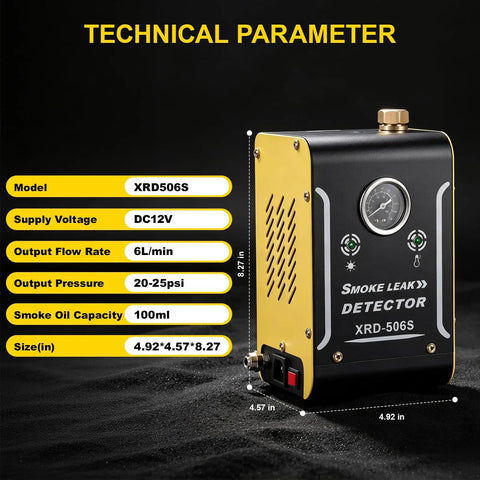 Bad Boy Car AC Leak Detector Smoke Machine With Built In Air Pump And Sharp Pressure Gauge technical parameters displayed.
