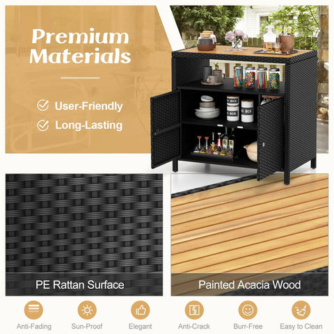 Outdoor Wicker Bar Cabinet with PE Rattan Construction, durable acacia wood countertop, open shelf, two doors, black finish