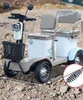 25 Mile Range 4 Wheel Mobility Scooter For Adults And Seniors showing dual seating, comfortable rubber tires, and sturdy basket.